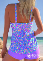 Tankini Floral Com Babados No Decote E Short Confortável Tankini Floral Com Babados No Decote E Short Confortável