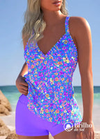 Tankini Floral Com Babados No Decote E Short Confortável Tankini Floral Com Babados No Decote E Short Confortável