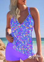 Tankini Floral Com Babados No Decote E Short Confortável Roxo / PP Tankini Floral Com Babados No Decote E Short
