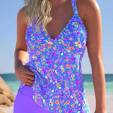 Tankini Floral Com Babados No Decote E Short Confortável