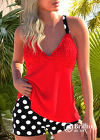 Tankini Floral Com Babados No Decote E Short Confortável Vermelho / PP Tankini Floral Com Babados No Decote E Short