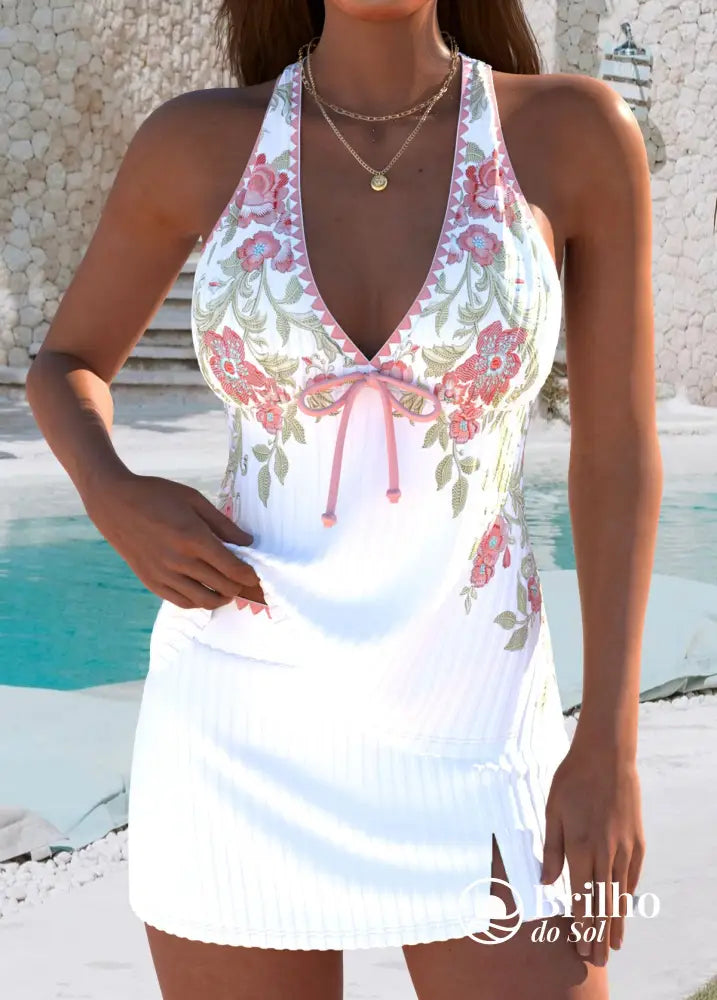 Tankini Floral Com Decote V Sofisticado E Saia Fenda Frontal Branco / PP Tankini Floral Com Decote V Sofisticado E Saia