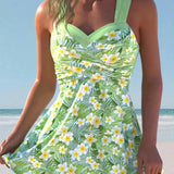 Tankini Floral Com Estampa Vibrante E Alças Cruzadas