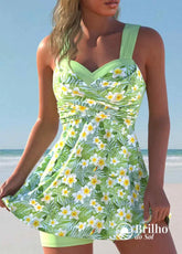 Tankini Floral Com Estampa Vibrante E Alças Cruzadas Verde / PP Tankini Floral Com Estampa Vibrante E Alças Cruzadas