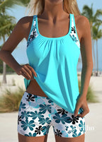 Tankini Floral Com Regata Texturizada Leve E Sofisticada Ciano / PP Tankini Floral Com Regata Texturizada Leve E