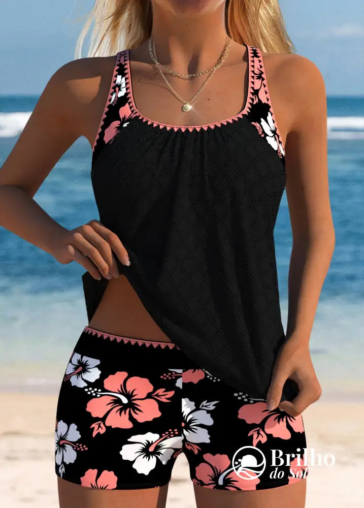 Tankini Floral Com Regata Texturizada Leve E Sofisticada Coral / PP Tankini Floral Com Regata Texturizada Leve E