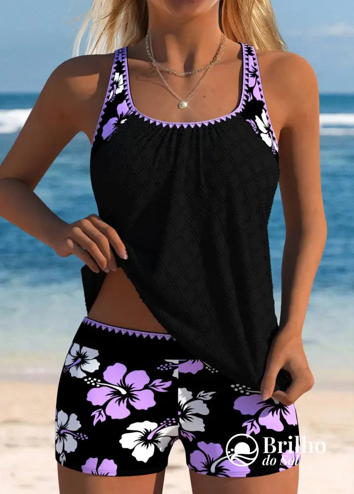 Tankini Floral Com Regata Texturizada Leve E Sofisticada Roxo / PP Tankini Floral Com Regata Texturizada Leve E