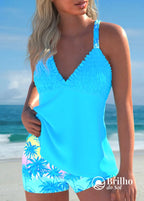 Tankini Franzido No Busto Com Short Estampa Tropical Charmoso Tankini Franzido No Busto Com Short Estampa Tropical