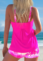 Tankini Franzido No Busto Com Short Estampa Tropical Charmoso Tankini Franzido No Busto Com Short Estampa Tropical