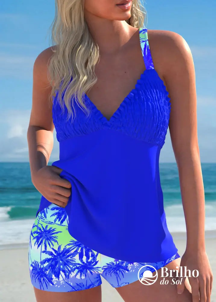 Tankini Franzido No Busto Com Short Estampa Tropical Charmoso Azul / PP Tankini Franzido No Busto Com Short Estampa