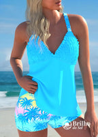 Tankini Franzido No Busto Com Short Estampa Tropical Charmoso Ciano / PP Tankini Franzido No Busto Com Short Estampa