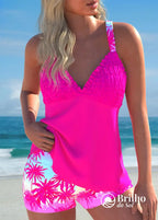 Tankini Franzido No Busto Com Short Estampa Tropical Charmoso Rosa Choque / PP Tankini Franzido No Busto Com Short