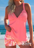 Tankini Franzido No Busto Com Short Estampa Tropical Charmoso Rosa / PP Tankini Franzido No Busto Com Short Estampa
