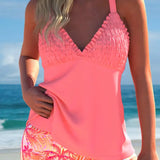 Tankini Franzido No Busto Com Short Estampa Tropical Charmoso