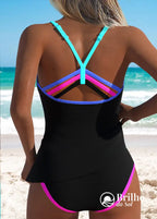 Tankini Listrado Com Alças Coloridas E Bojo Removível Conforto Tankini Listrado Com Alças Coloridas E Bojo Removível
