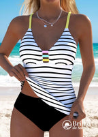 Tankini Listrado Com Alças Coloridas E Bojo Removível Conforto Tankini Listrado Com Alças Coloridas E Bojo Removível