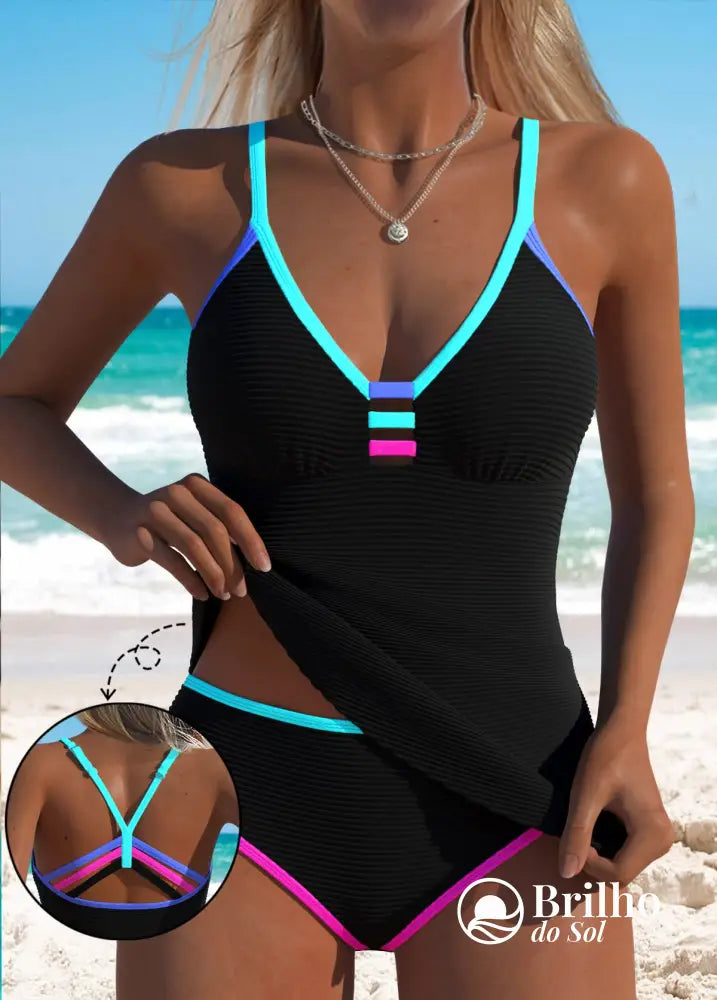 Tankini Listrado Com Alças Coloridas E Bojo Removível Conforto Preto / PP Tankini Listrado Com Alças Coloridas E Bojo