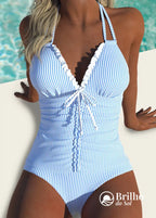 Tankini Listrado Com Babados Delicados E Laço Frontal Charmoso Tankini Listrado Com Babados Delicados E Laço Frontal