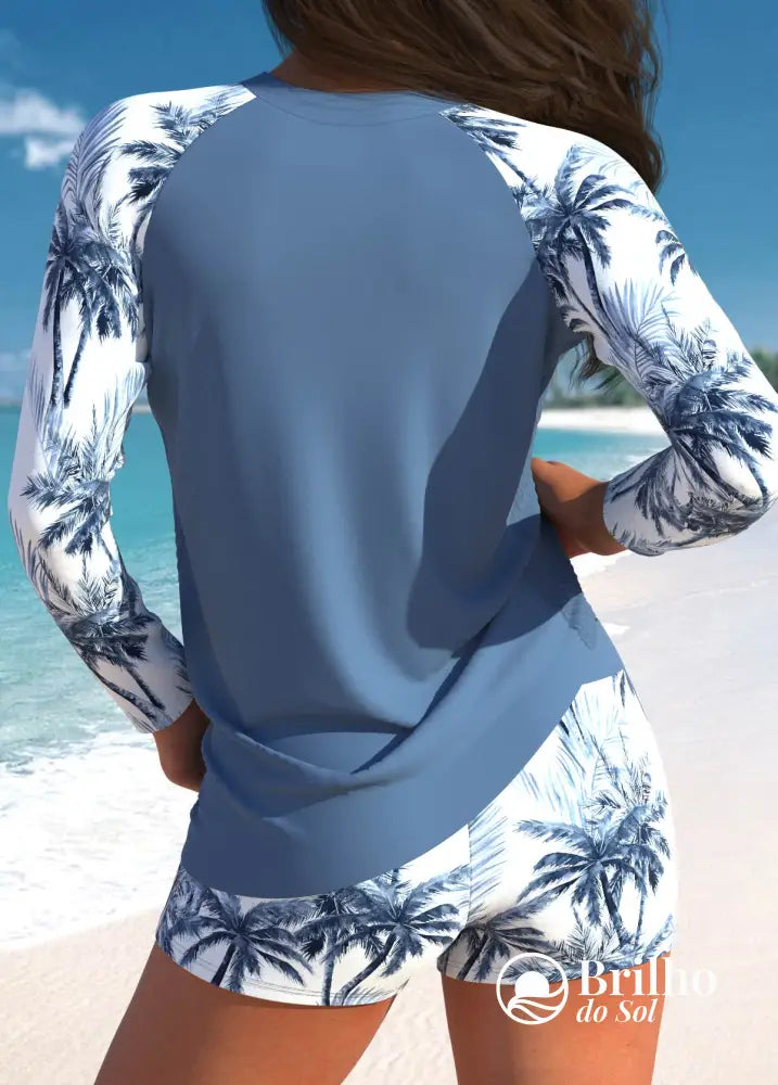 Tankini Manga Longa Estampa Colorida Com Short Casual Tankini Manga Longa Estampa Colorida Com Short Casual