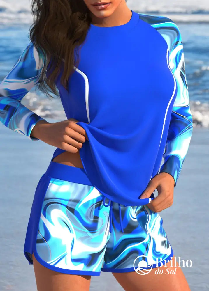 Tankini Manga Longa Estampa Colorida Com Short Casual Tankini Manga Longa Estampa Colorida Com Short Casual