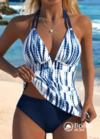 Tankini Metalizado Com Decote V Moderno E Saia Ajustada Azul Marinho / PP Tankini Metalizado Com Decote V Moderno E