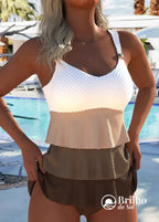 Tankini Texturizado Com Babados E Alça Assimétrica Estilosa Café / PP Tankini Texturizado Com Babados E Alça