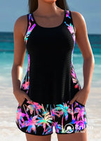 Tankini Texturizado Com Estampa Tropical E Shortinho Preto / PP Tankini Texturizado Com Estampa Tropical E Shortinho