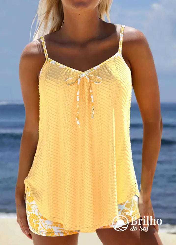 Tankini Texturizado Com Laço Frontal E Estampa Floral Tankini Texturizado Com Laço Frontal E Estampa Floral