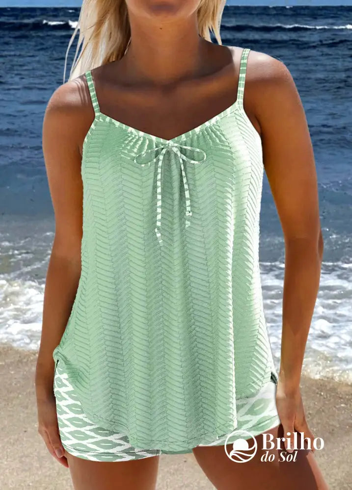 Tankini Texturizado Com Laço Frontal E Estampa Floral Verde Menta / PP Tankini Texturizado Com Laço Frontal E Estampa