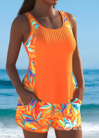 Tankini Texturizado Com Laterais Estampadas E Short Folhagem Tankini Texturizado Com Laterais Estampadas E Short
