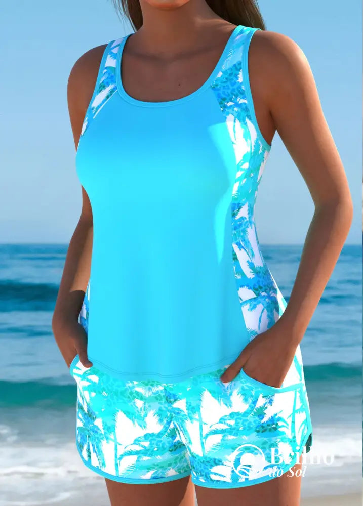 Tankini Texturizado Com Laterais Estampadas E Short Folhagem Tankini Texturizado Com Laterais Estampadas E Short