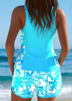 Tankini Texturizado Com Laterais Estampadas E Short Folhagem Tankini Texturizado Com Laterais Estampadas E Short