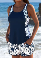 Tankini Texturizado Com Laterais Estampadas E Short Folhagem Tankini Texturizado Com Laterais Estampadas E Short