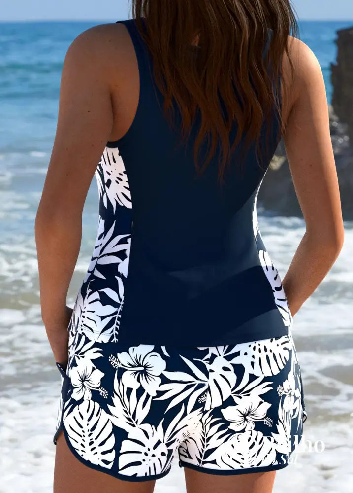 Tankini Texturizado Com Laterais Estampadas E Short Folhagem Tankini Texturizado Com Laterais Estampadas E Short