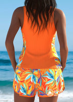 Tankini Texturizado Com Laterais Estampadas E Short Folhagem Tankini Texturizado Com Laterais Estampadas E Short