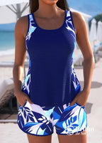 Tankini Texturizado Com Laterais Estampadas E Short Folhagem Azul Marinho / PP Tankini Texturizado Com Laterais