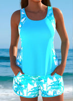 Tankini Texturizado Com Laterais Estampadas E Short Folhagem Ciano / PP Tankini Texturizado Com Laterais Estampadas E