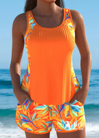 Tankini Texturizado Com Laterais Estampadas E Short Folhagem Laranja / PP Tankini Texturizado Com Laterais Estampadas E