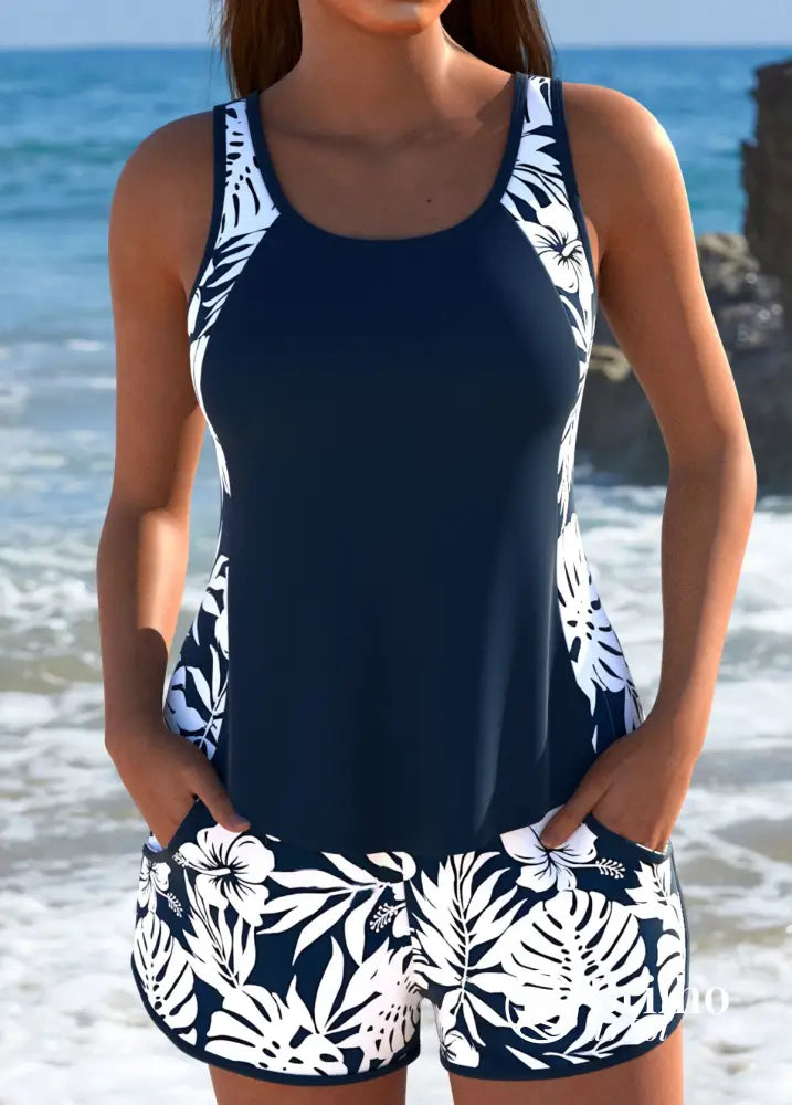 Tankini Texturizado Com Laterais Estampadas E Short Folhagem Preto / PP Tankini Texturizado Com Laterais Estampadas E