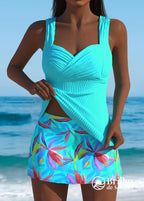 Tankini Texturizado Com Saia Estampada Tropical Ciano / PP Tankini Texturizado Com Saia Estampada Tropical