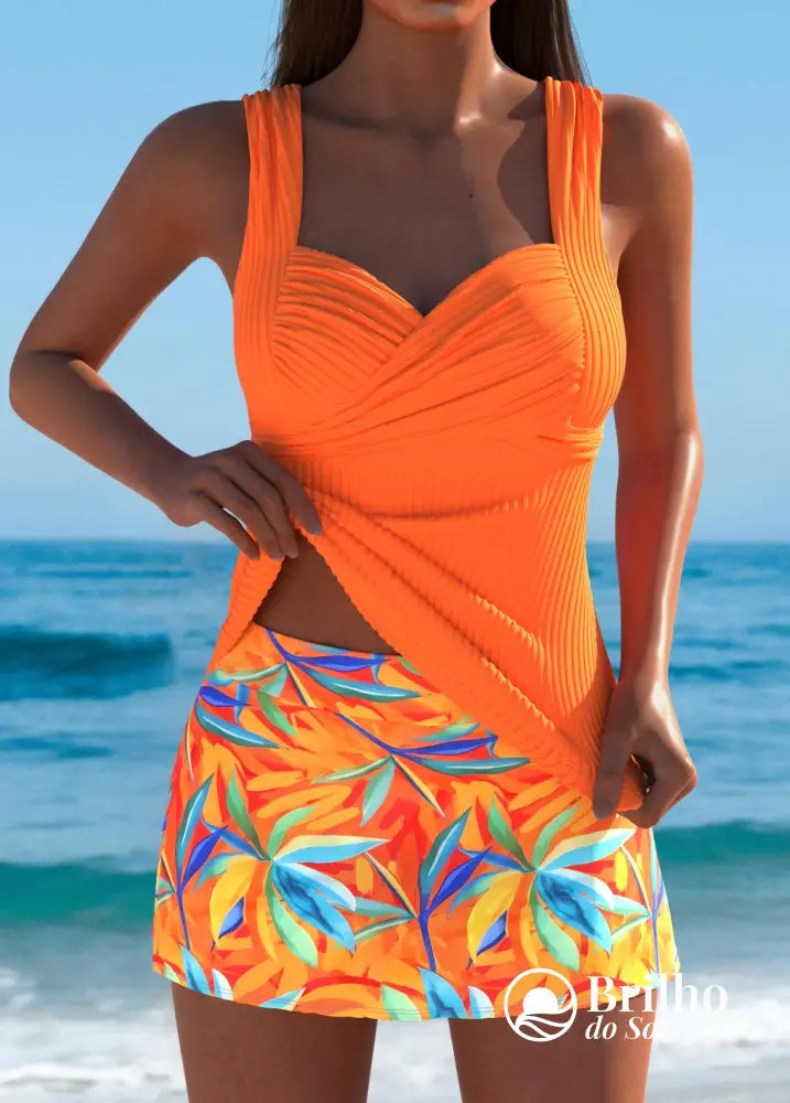 Tankini Texturizado Com Saia Estampada Tropical Laranja / PP Tankini Texturizado Com Saia Estampada Tropical