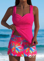 Tankini Texturizado Com Saia Estampada Tropical Rosa Choque / PP Tankini Texturizado Com Saia Estampada Tropical