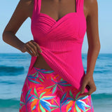 Tankini Texturizado Com Saia Estampada Tropical