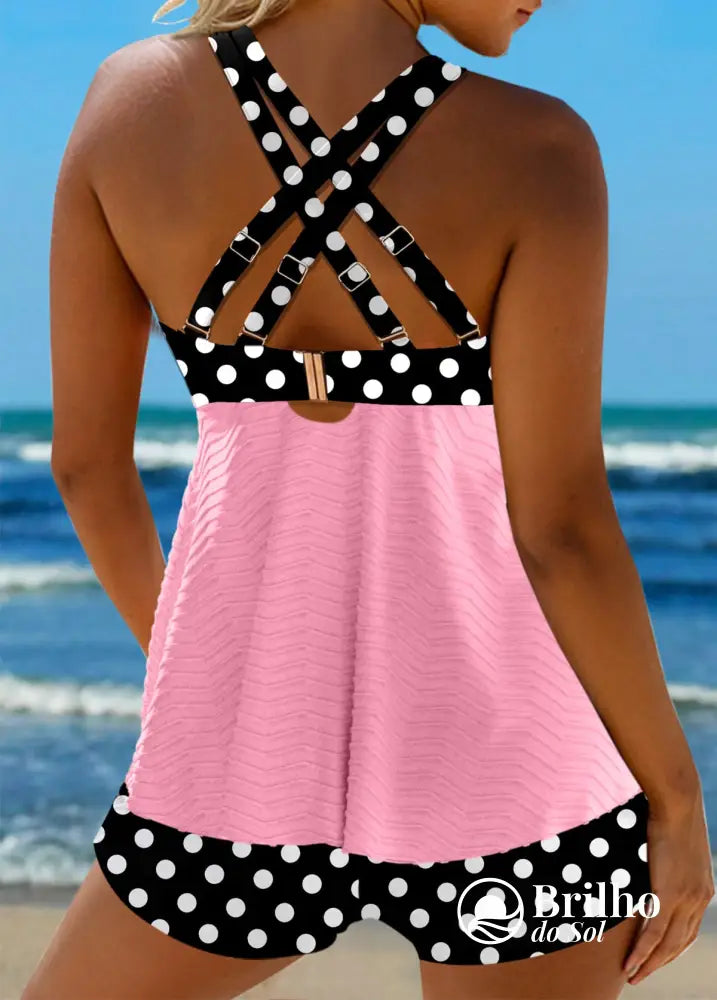 Tankini Texturizado Poá Retrô Com Laço Decorativo Feminino Tankini Texturizado Poá Retrô Com Laço Decorativo Feminino