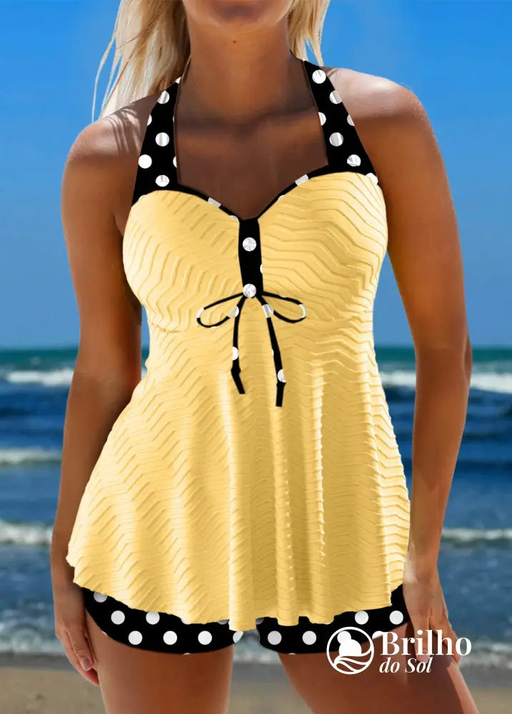 Tankini Texturizado Poá Retrô Com Laço Decorativo Feminino Amarelo / PP Tankini Texturizado Poá Retrô Com Laço
