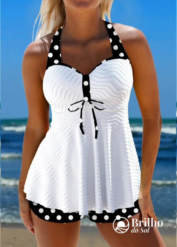 Tankini Texturizado Poá Retrô Com Laço Decorativo Feminino Branco / PP Tankini Texturizado Poá Retrô Com Laço