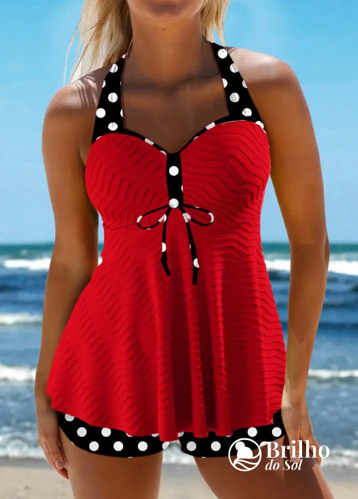 Tankini Texturizado Poá Retrô Com Laço Decorativo Feminino Vermelho / PP Tankini Texturizado Poá Retrô Com Laço