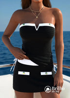Tankini Tomara Que Caia Canelado Com Saia E Botões Preto e Branco / PP Tankini Tomara Que Caia Canelado Com Saia E